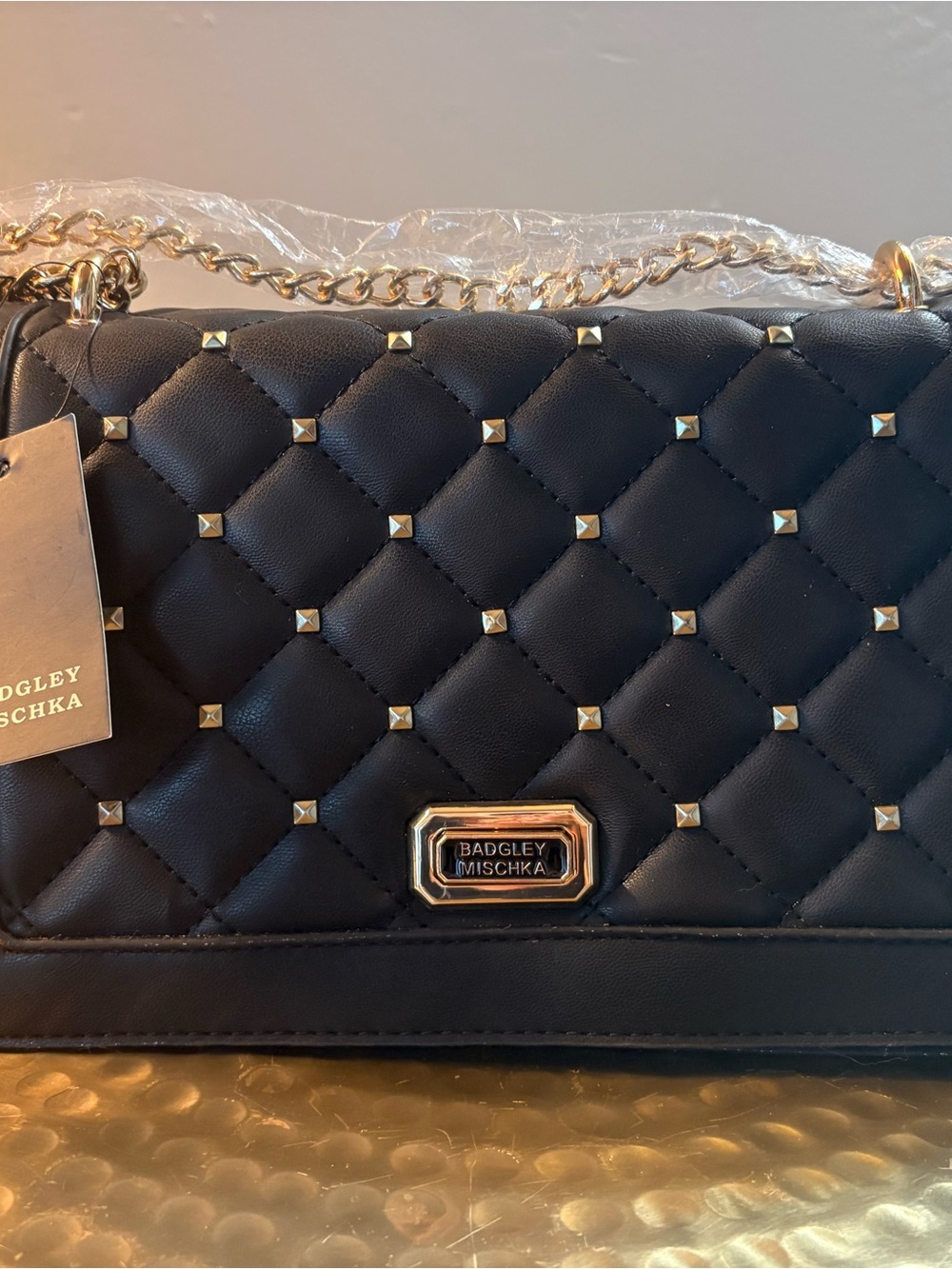 Badgley Mischka Black Quilted Studded Chain Crossbody Bag with Gold Hardware NWT